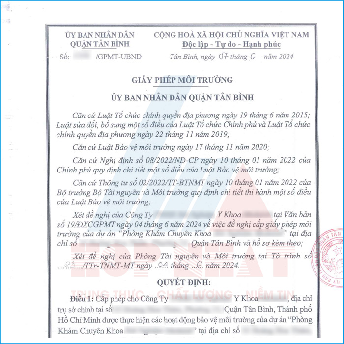 Giấy phép môi trường phòng khám chuyên khoa